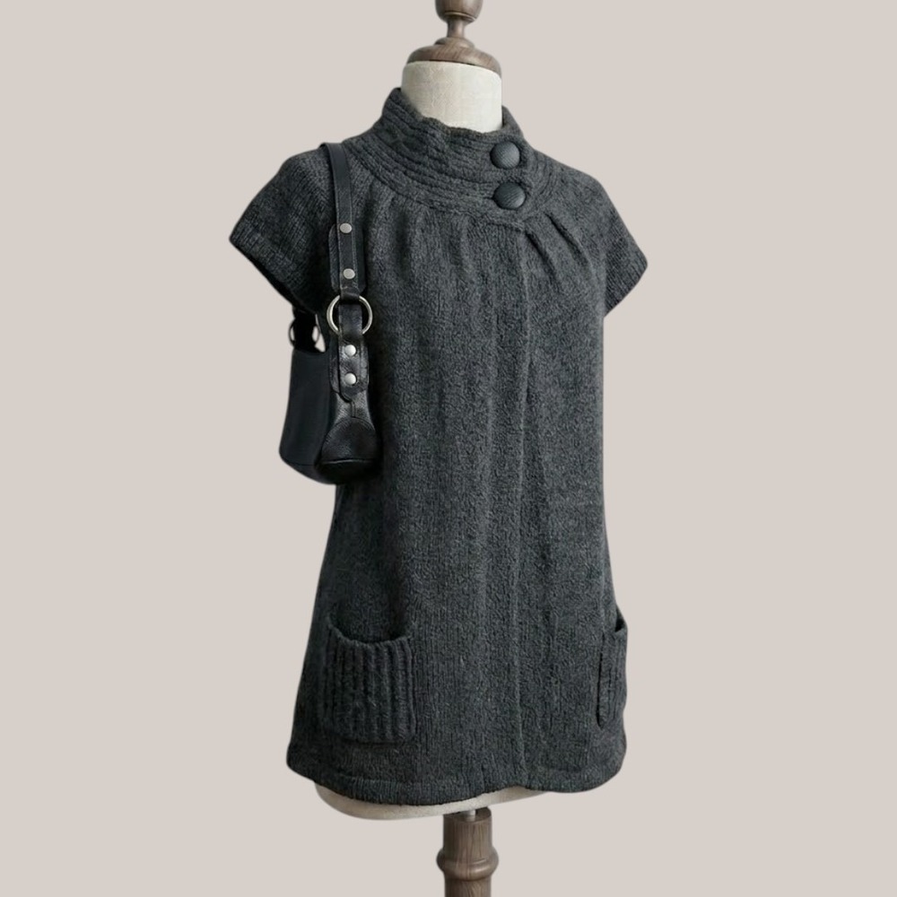 Vintage Grey Short Sleeve Sweater Cardigan Open Front Cottagecore Academia MED